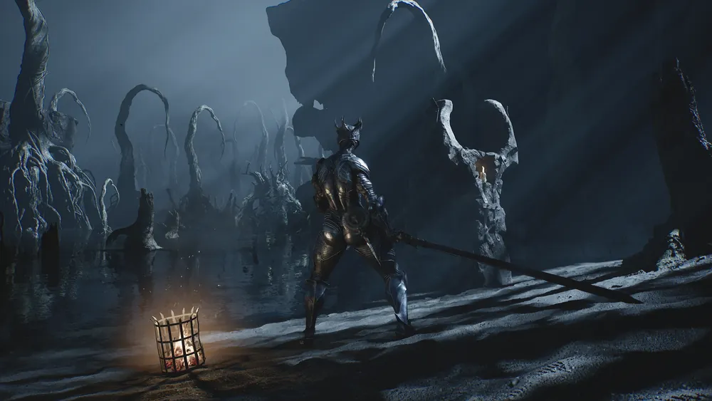 Mortal Shell II warrior crossing a cavern of bone-like structures