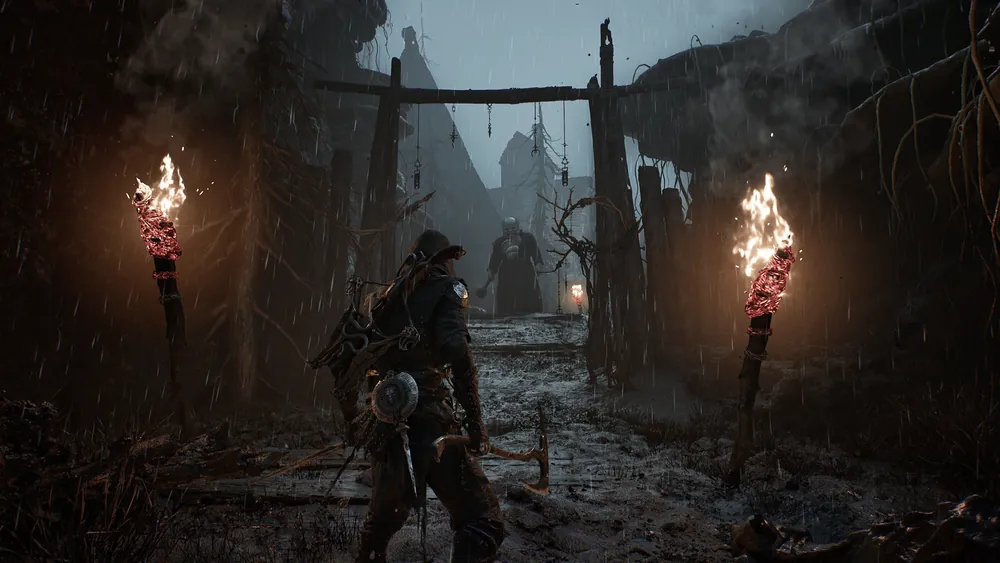 Mortal Shell II warrior entering a torchlit settlement